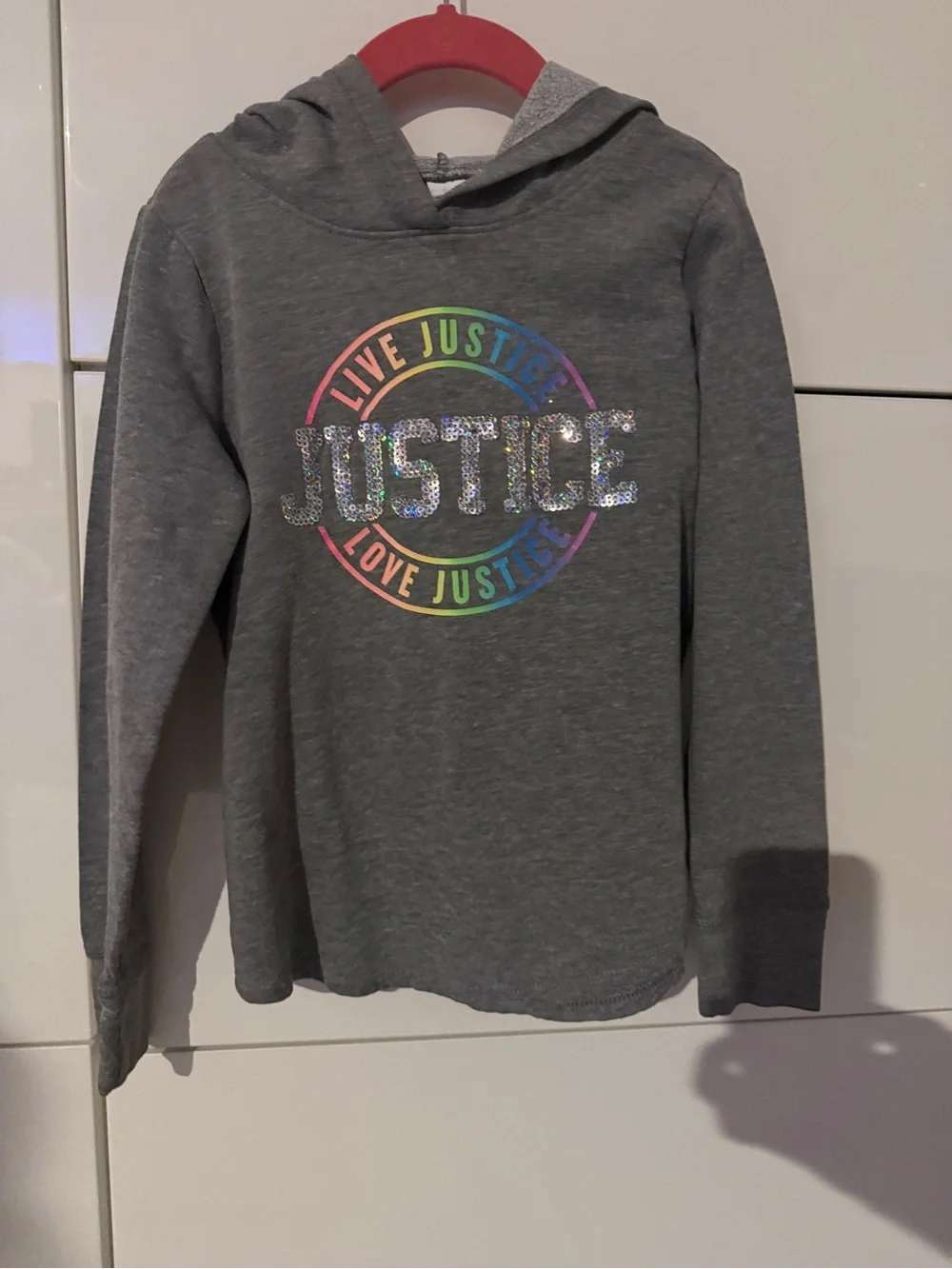 Justice Girls Gray Hoodie with Rainbow Glitter Logo